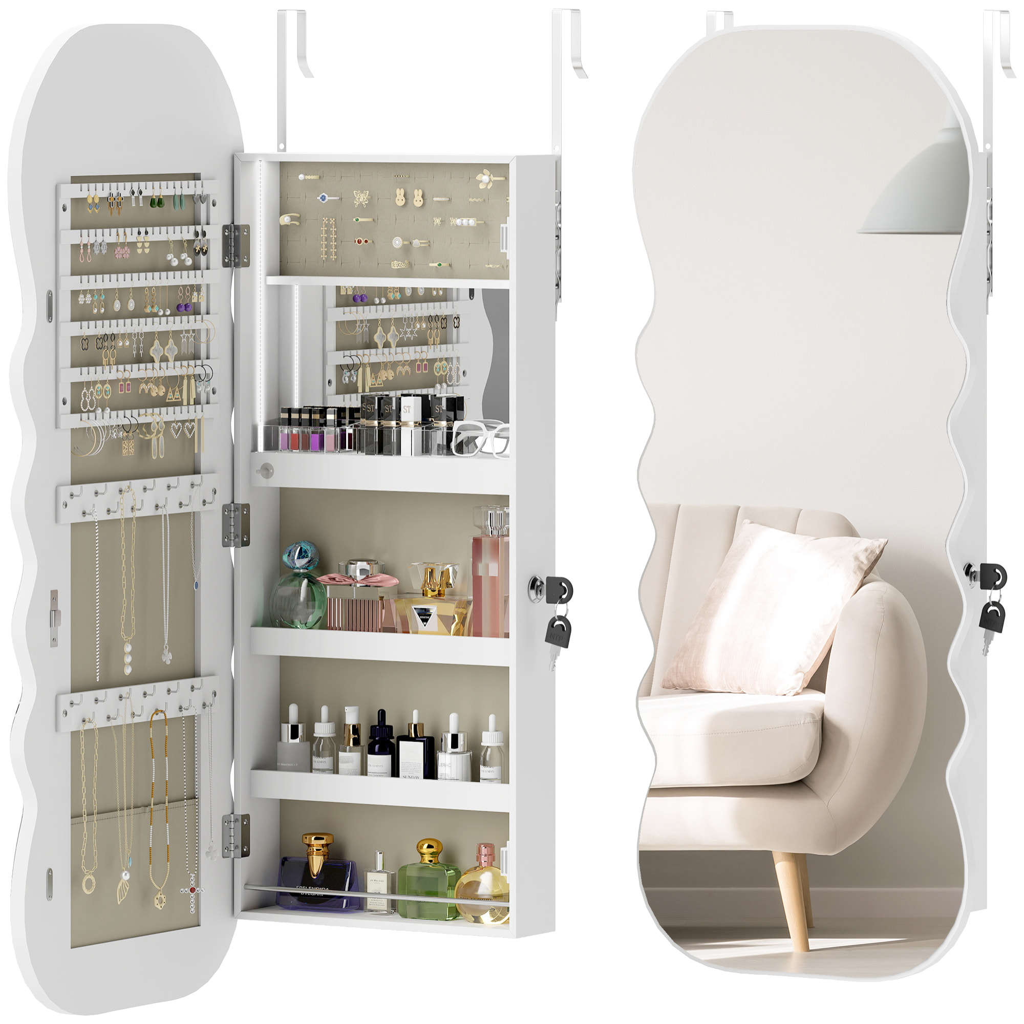 Espejo Joyero con Luz LED de 3 Colores, Armario Joyero Montado en la Pared o en la Puerta, Armario para Joyas con Cerradura, Espejo Entero, Diseño Ondulado, Blanco