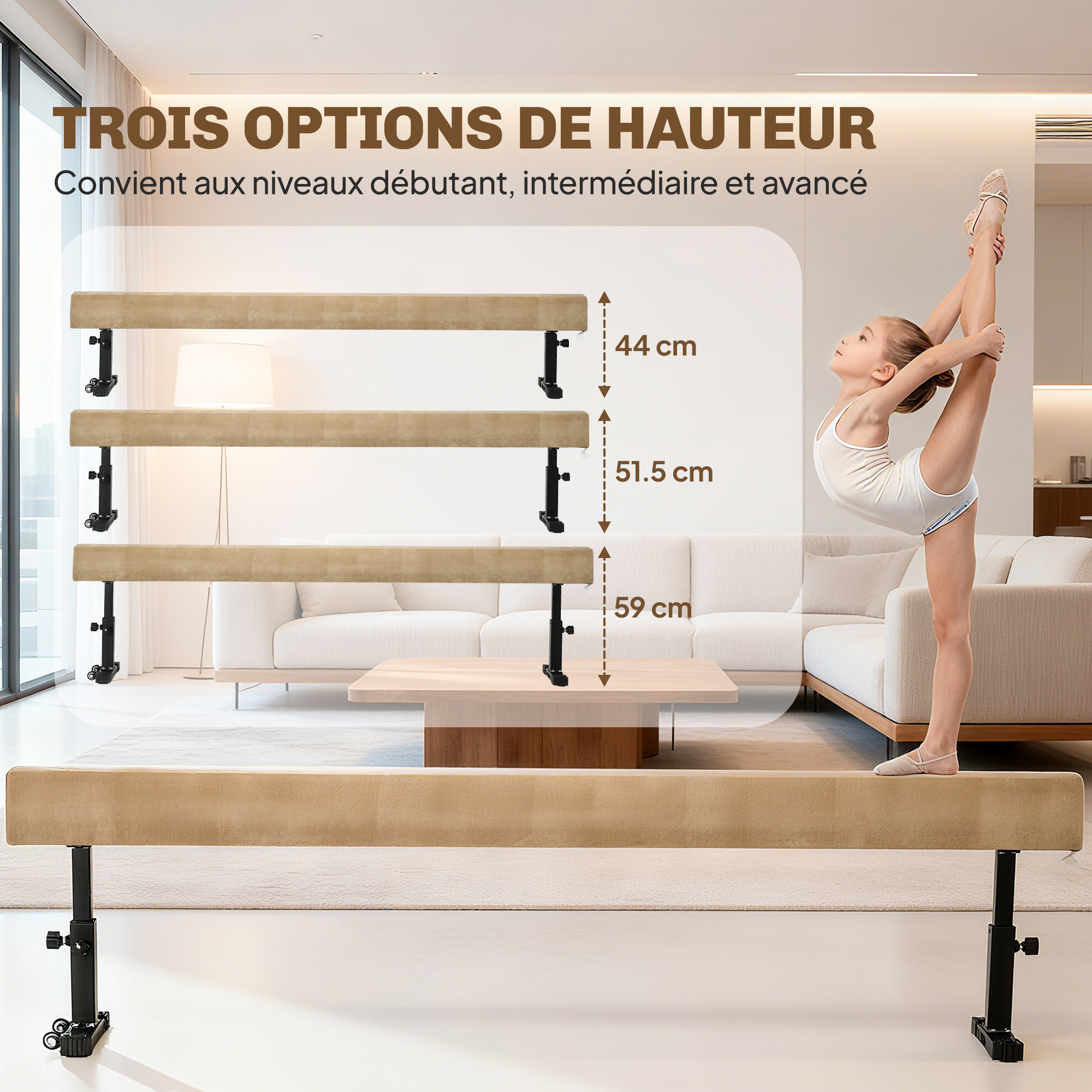 Poutre de gymnastique hauteur réglable pieds antidérapants 226 x 31 x 44/51/59H cm