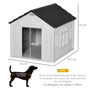 Niche chien style cottage dim. 65L x 75l x 63H cm - motifs fenêtres, porte, aération - PP blanc gris