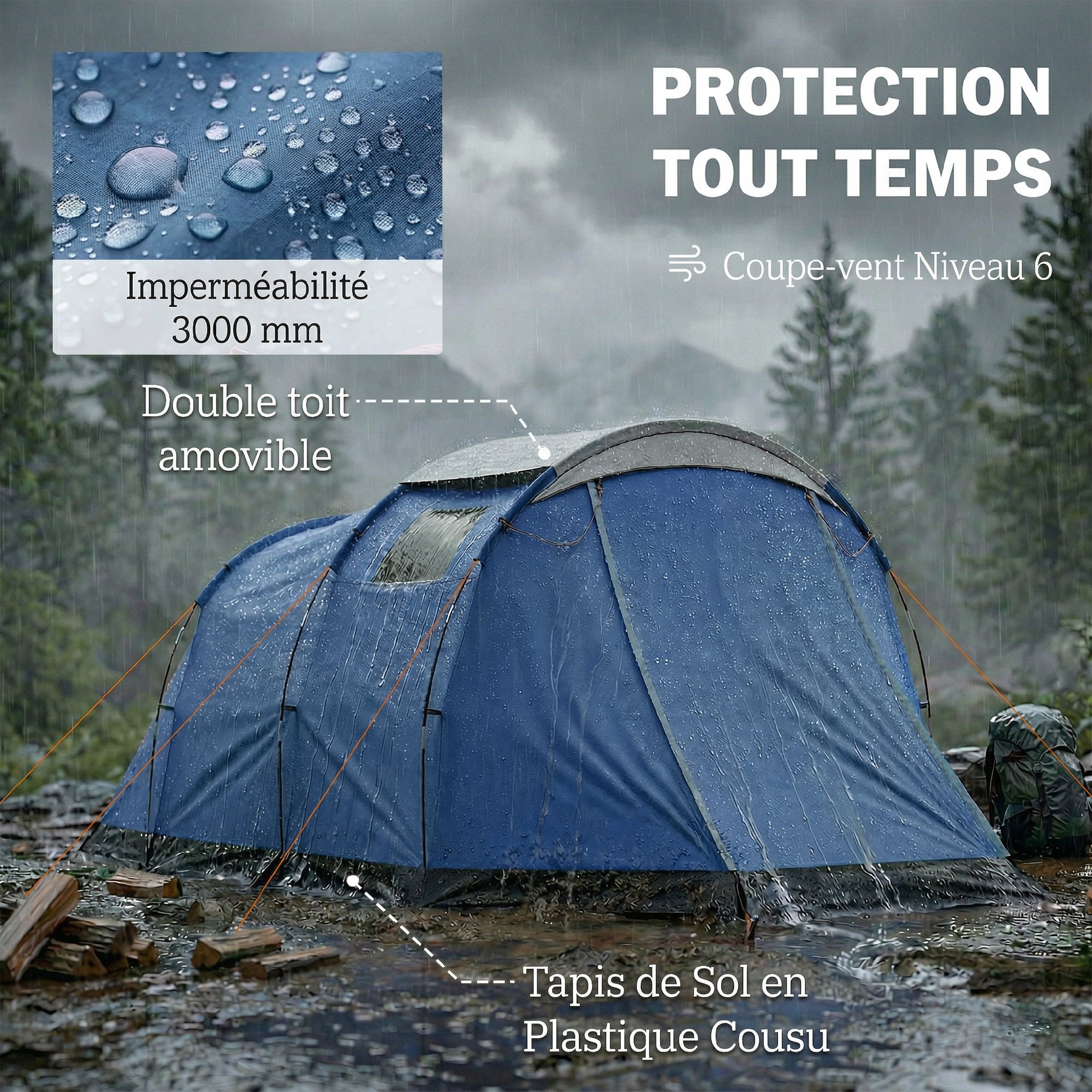 Tente de camping tunnel 4 pers. imperméable 3000mm chambre séjour auvent