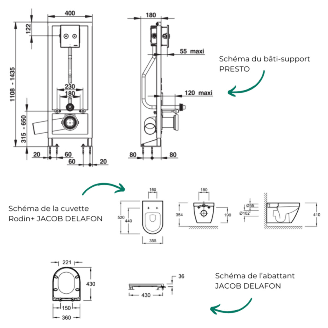 Pack WC suspendu sans bride Rodin+ + Abattant frein de chute + Bâti-support autoportant PRESTO + Plaque chromée