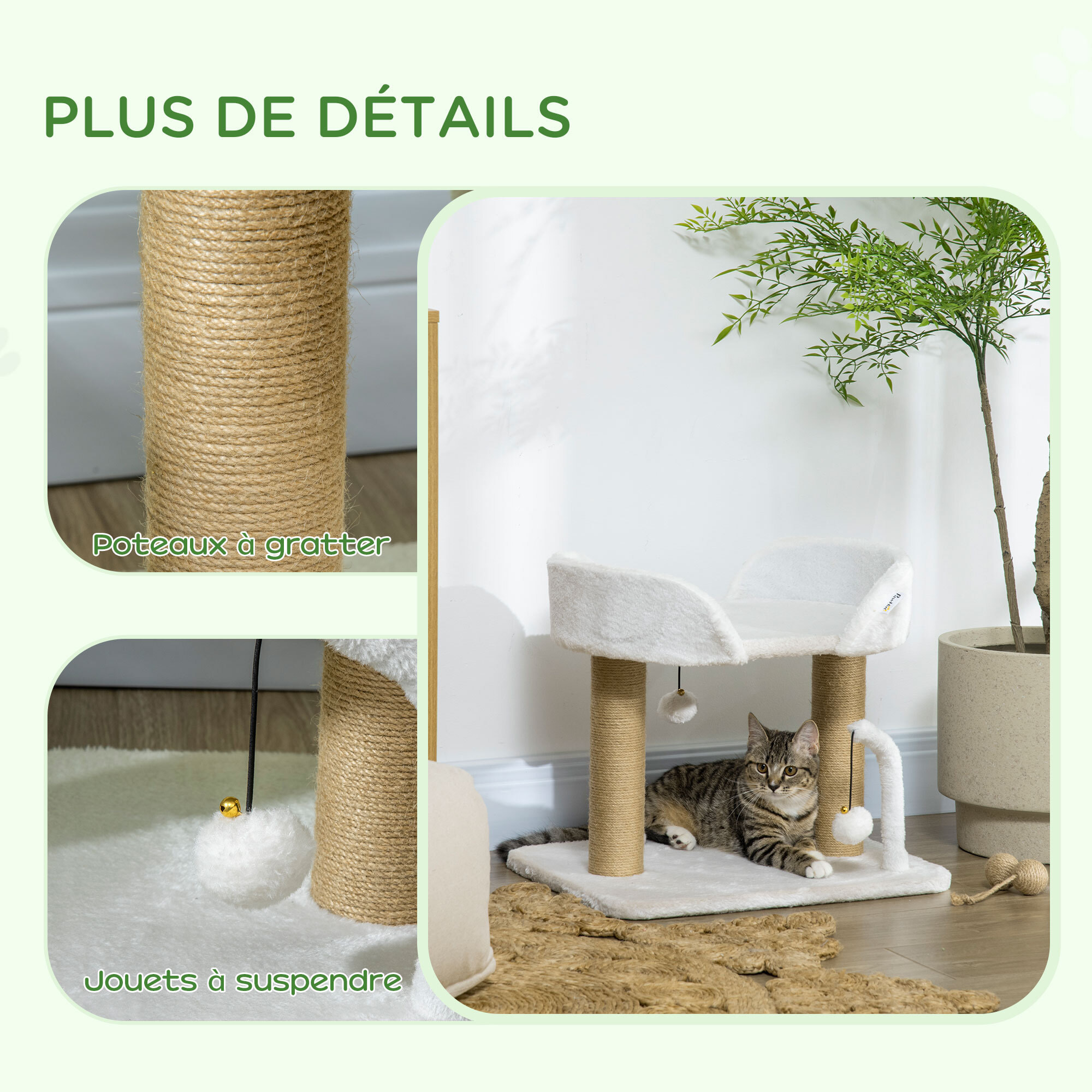 Arbre à chat 2 griffoirs jute naturelle panier jeu 2 boules suspendues avec clochettes peluche blanche