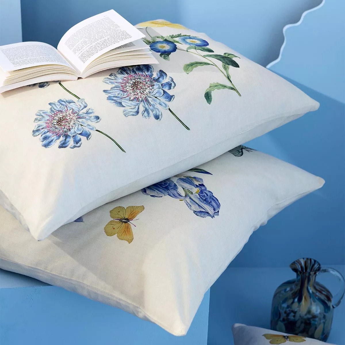 Taie d'oreiller lin & coton lavé 130 g/m² imprimé bleu jaune Iris d'ete naturel