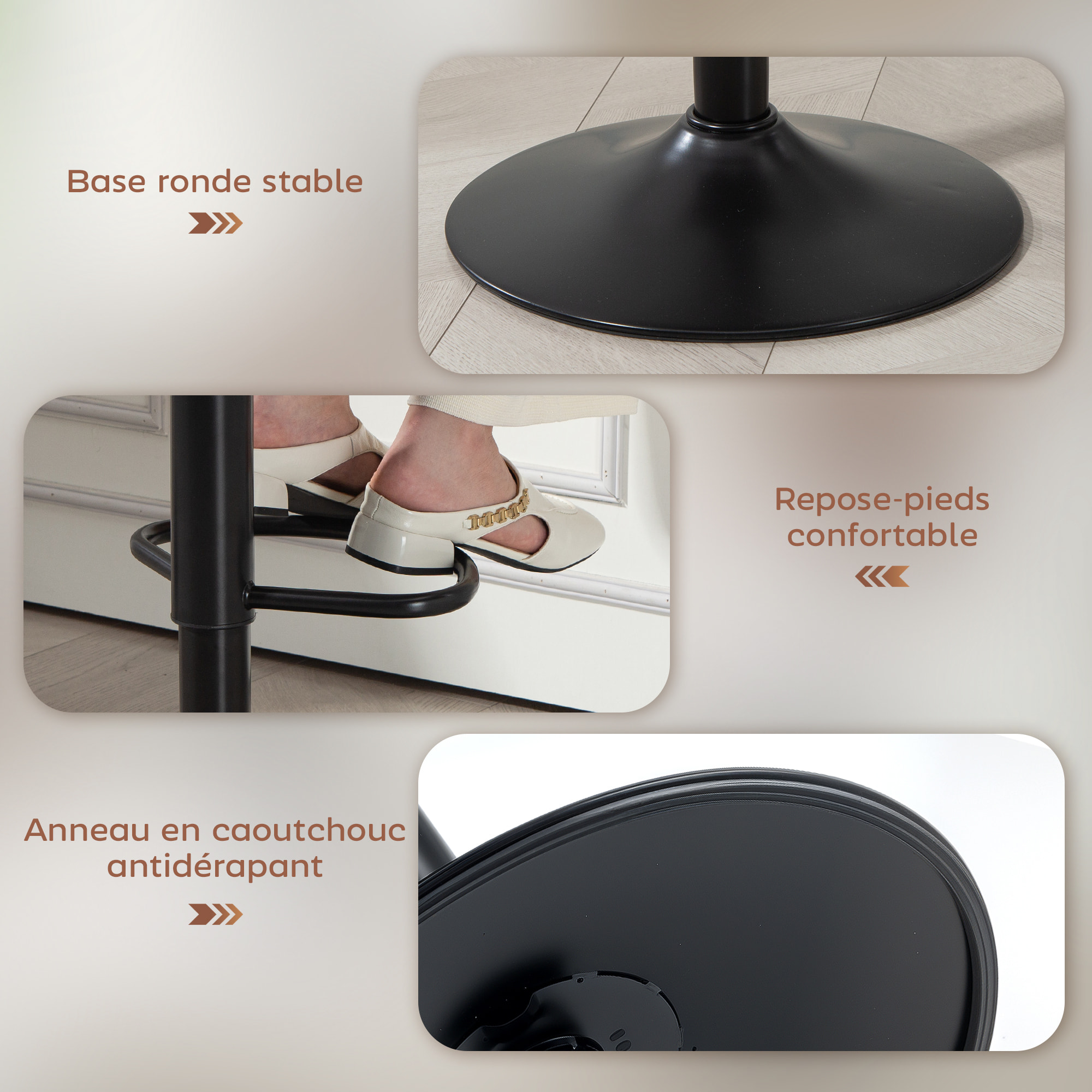 Lot de 2 tabourets de bar design coquillage pivotants réglables acier noir tissu chenille marron