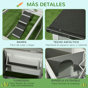 Conejera Exterior de Madera 150x52x68 cm Jaula para 1-2 Conejos Grande con Techo Asfáltico Abatible Bandeja Extraíble y Rampa Gris