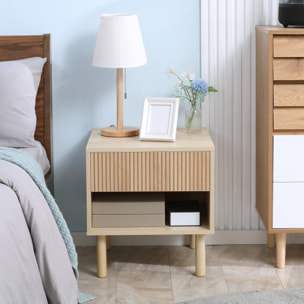Mesita de Noche, Mesilla de Noche con Cajón y Estante Abierto, Estilo Moderno, Mesita Auxiliar para Dormitorio, Salón, 47x47x50 cm, Madera Natural