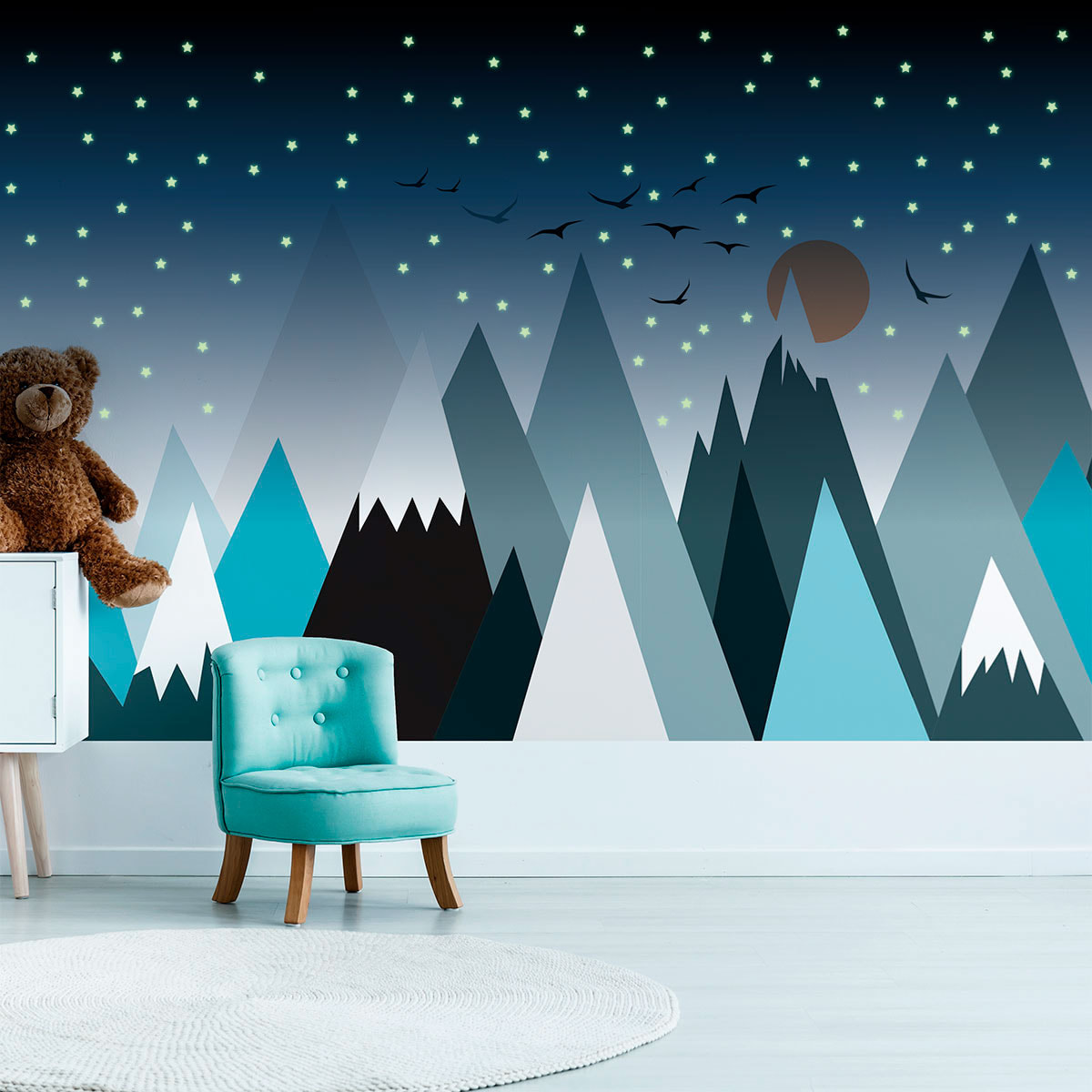 Stickers muraux enfants - Décoration chambre bébé - Autocollant Sticker mural géant enfant montagnes scandinaves MONTAGNES PARKA + 100 ÉTOILES PHOSPHORESCENTES