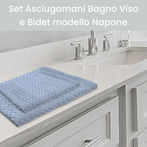 INTRECCI Set Asciugamani Bagno Viso e Bidet, Coppia Asciugamani Bagno, in Spugna di Puro Cotone 300 gr/mq, 110 x 60 cm + 60 x 40 cm, Morbido al Tatto, Tinta Unita Azzurro. Modello: Napone