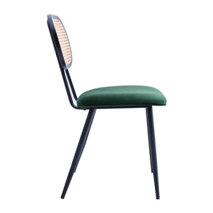 Chaises design en tissu velours vert foncé, métal noir et cannage rotin (lot de 2) SWANN