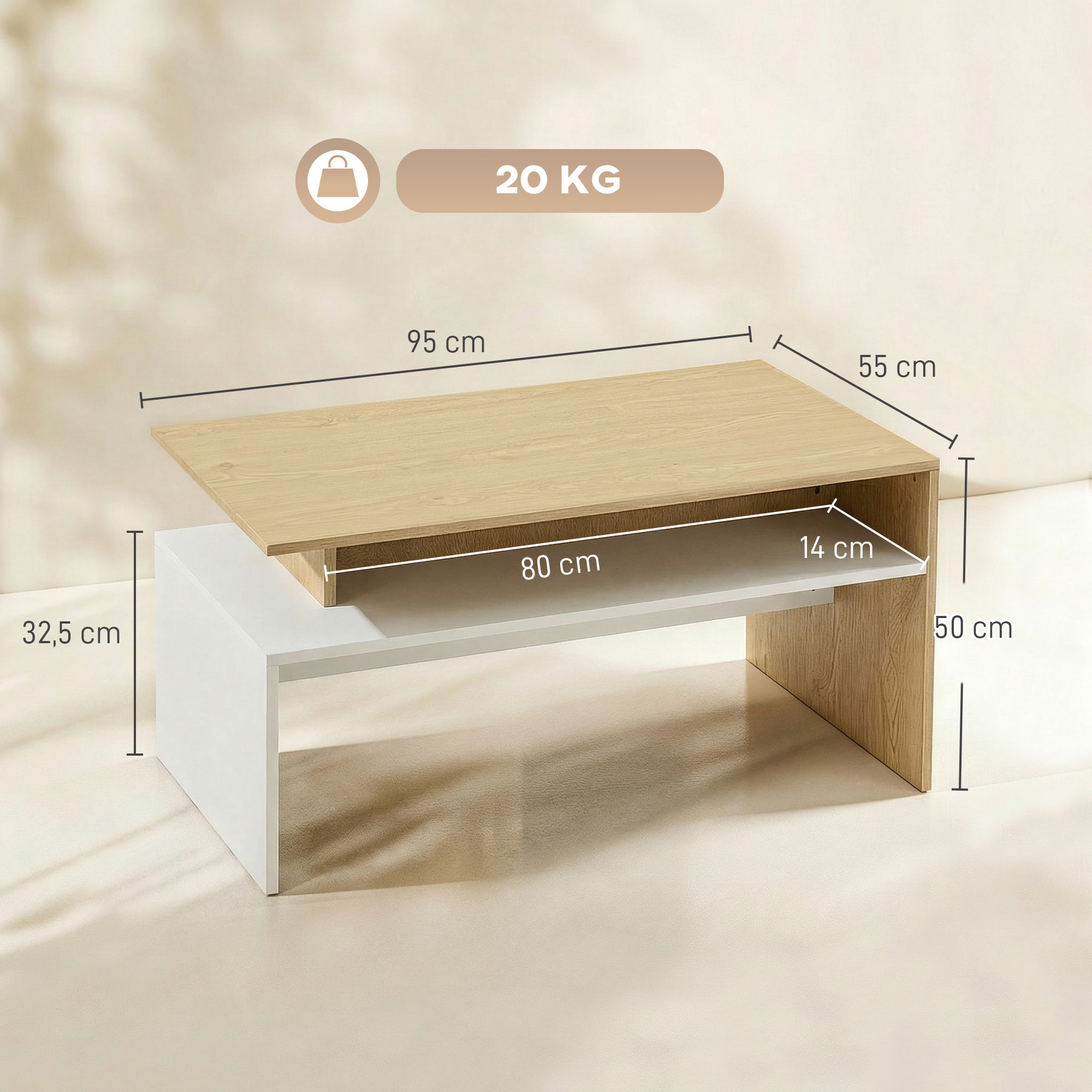 Mesa de Centro Moderna, Mesa baja para Salón con Compartimento para Salón, Sala de Estar, 95x55x50 cm, Natural y Blanco