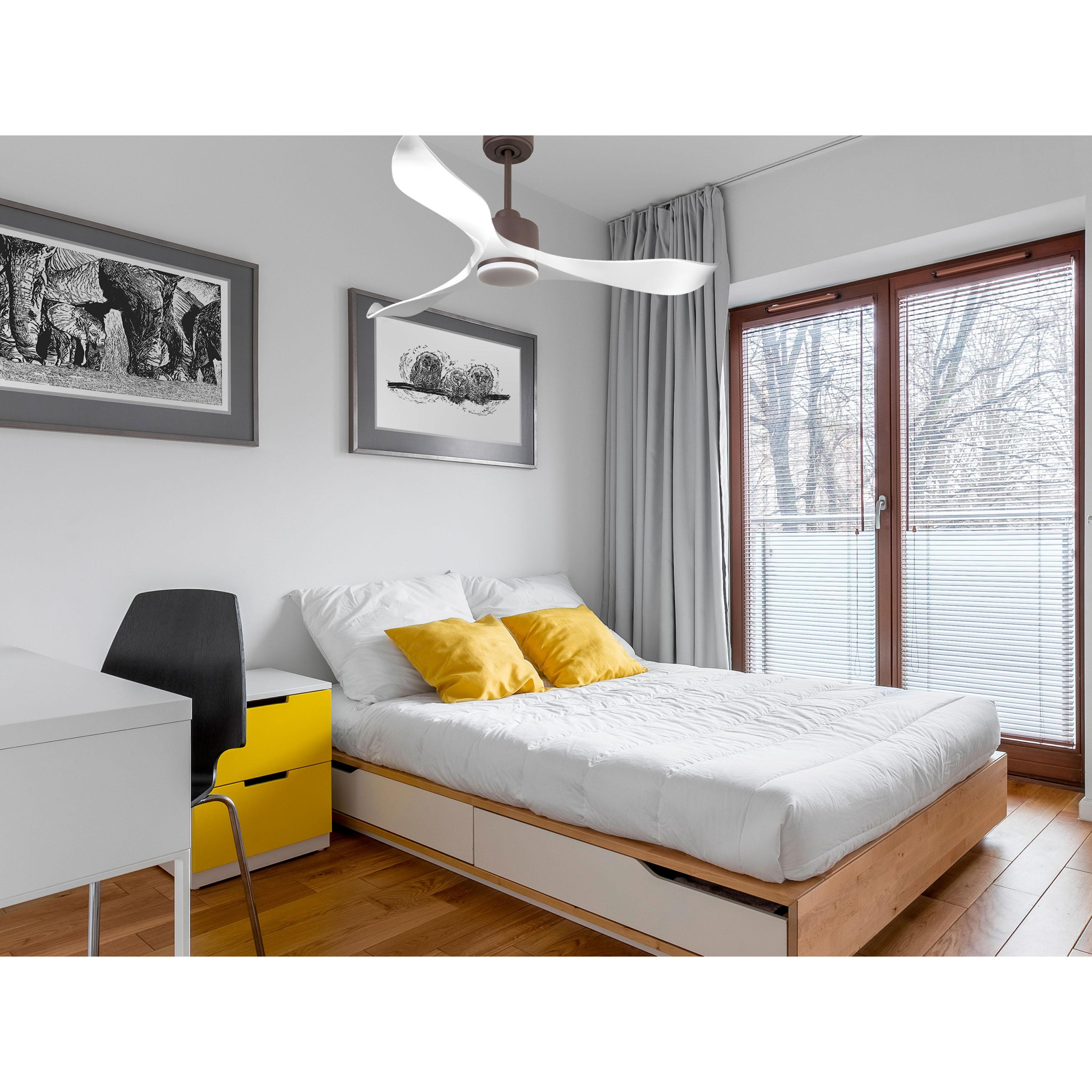 Ventilateur de plafond Réversible  Thermostat Dimmable Wifi Moteur à courant continu Toits en pente Télécommande Lumière à trois tons Adaptateur 2/3 Lames