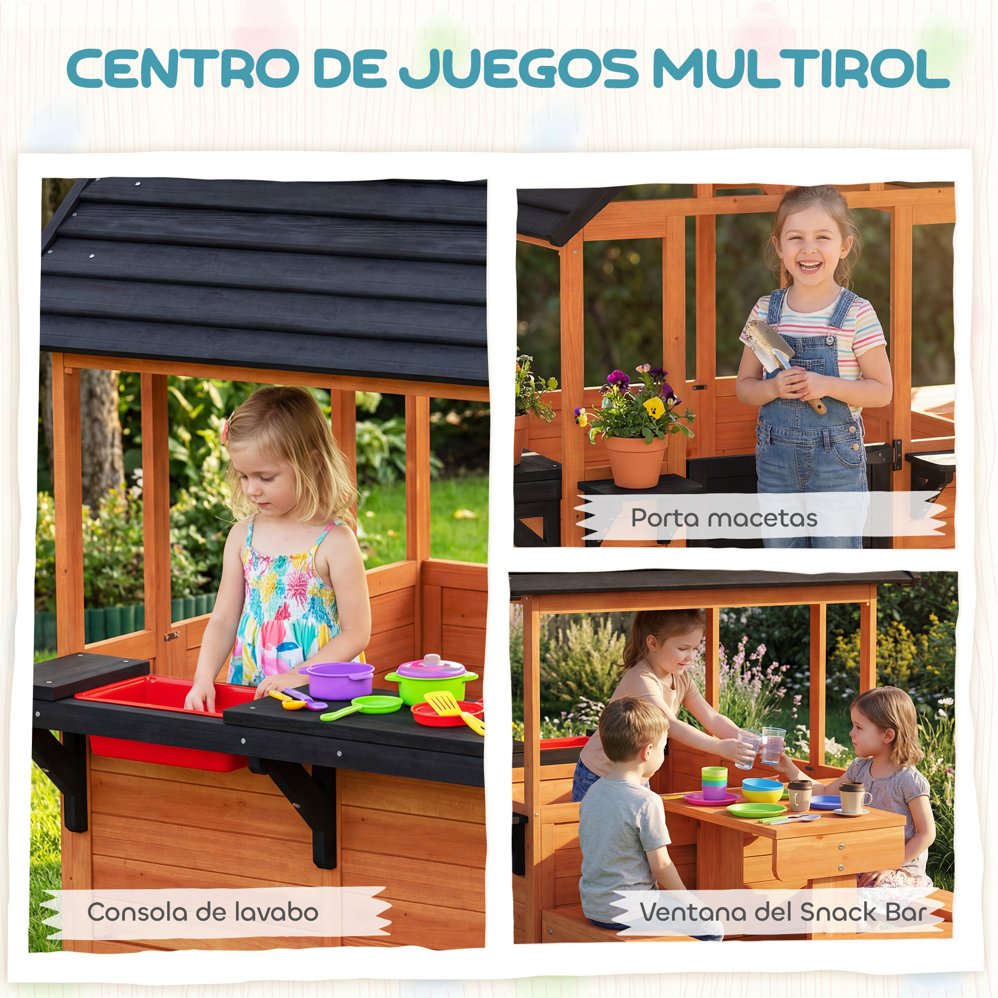 Casita Infantil Exterior e Interior de Madera, Casita Infantil con Barra de Snack y Bancos, Mesa Lateral, Fregadero, Maceteros, Ventanas, Casa de Jardín para Niños de 3-8 Años, Marrón Claro