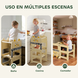 Torre de Aprendizaje 3 en 1 Plegable, Convertible en Escritorio y Silla, Taburete de Aprendizaje para Niños de 2-5 Años con Pizarra, Dibujos de Gatos, para Baño, Cocina, Natural