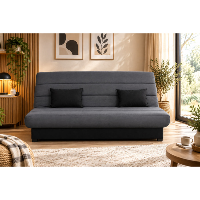 Canapé convertible Olivia, matelas Simmons, 130 x 190 cm, 2 coussins offerts, gris