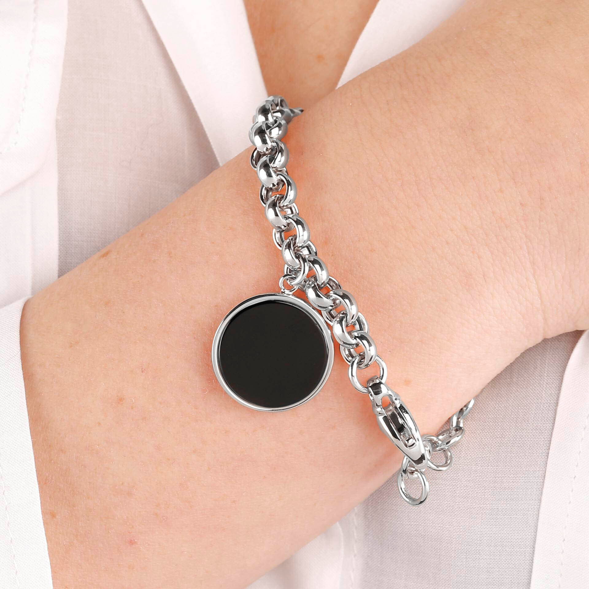 Bracciale White Catena Rolo con Ciondolo Disco in Onice Nero