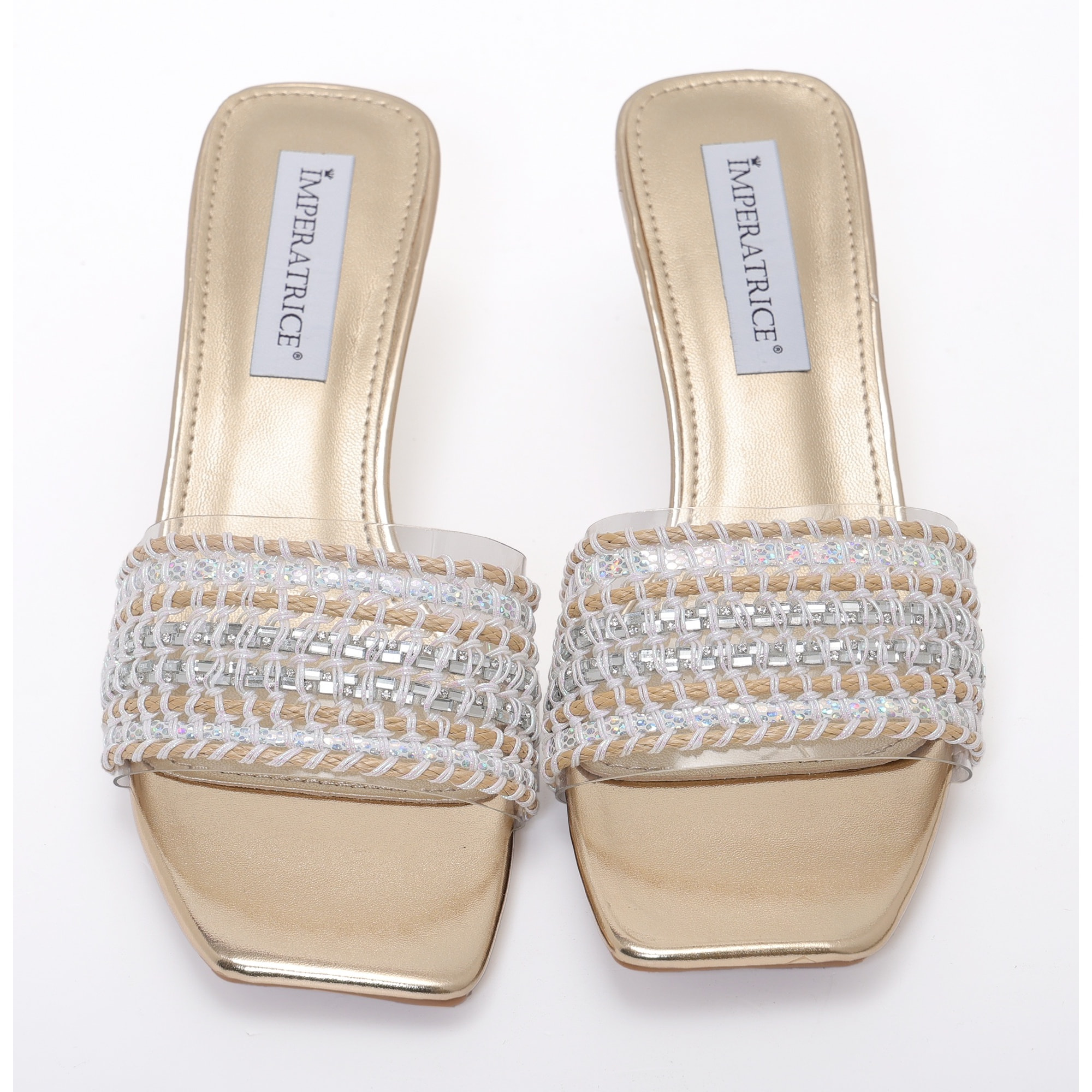 Sandali con tacco basso a rocchetto e fascia con ricamo e pietre