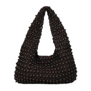 Bolso de hombro marrón con bolas de madera