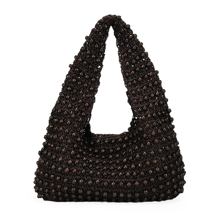 Bolso de hombro marrón con bolas de madera