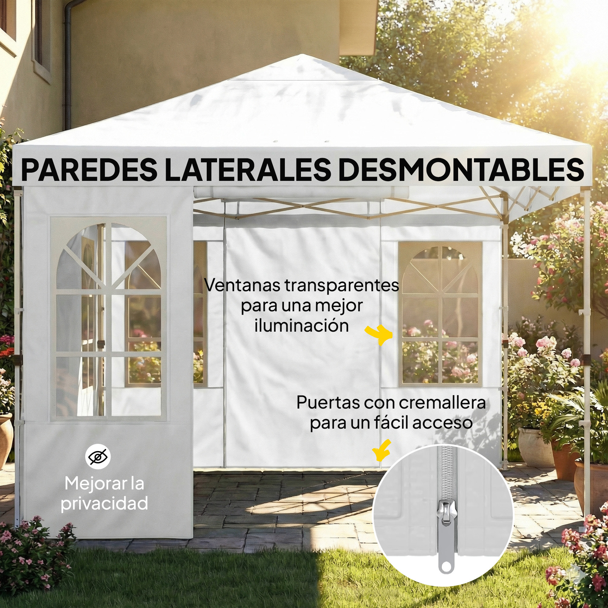 Carpa Plegable 3x3 m, Pop-up, con 4 Laterales Extraíbles, Cenador de Jardín con UPF50+, Bloqueo Central, Altura Ajustable, Bolsa de Transporte, Sacos Arena, Gazebo para Exterior, Blanco