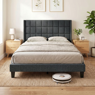 Cama Tapizada 135x190 cm con Cabecero Acolchado con Orejas y Almacenaje Inferior, Marco de Cama Doble con Somier de Lamas de Madera, Diseño Moderno, Fácil Montaje, Gris