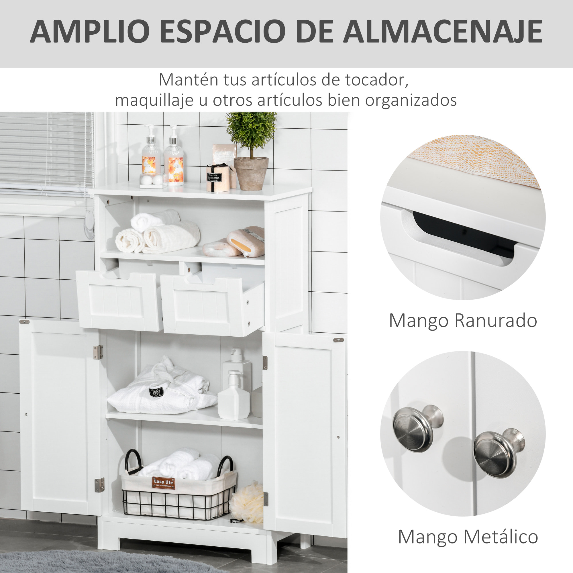 kleankin Armario de Baño con 2 Puertas Estante Ajustable 2 Cajones y Compartimento Abierto Mueble Auxiliar de Almacenaje para Salón Cocina 60x30x108,8 cm Blanco