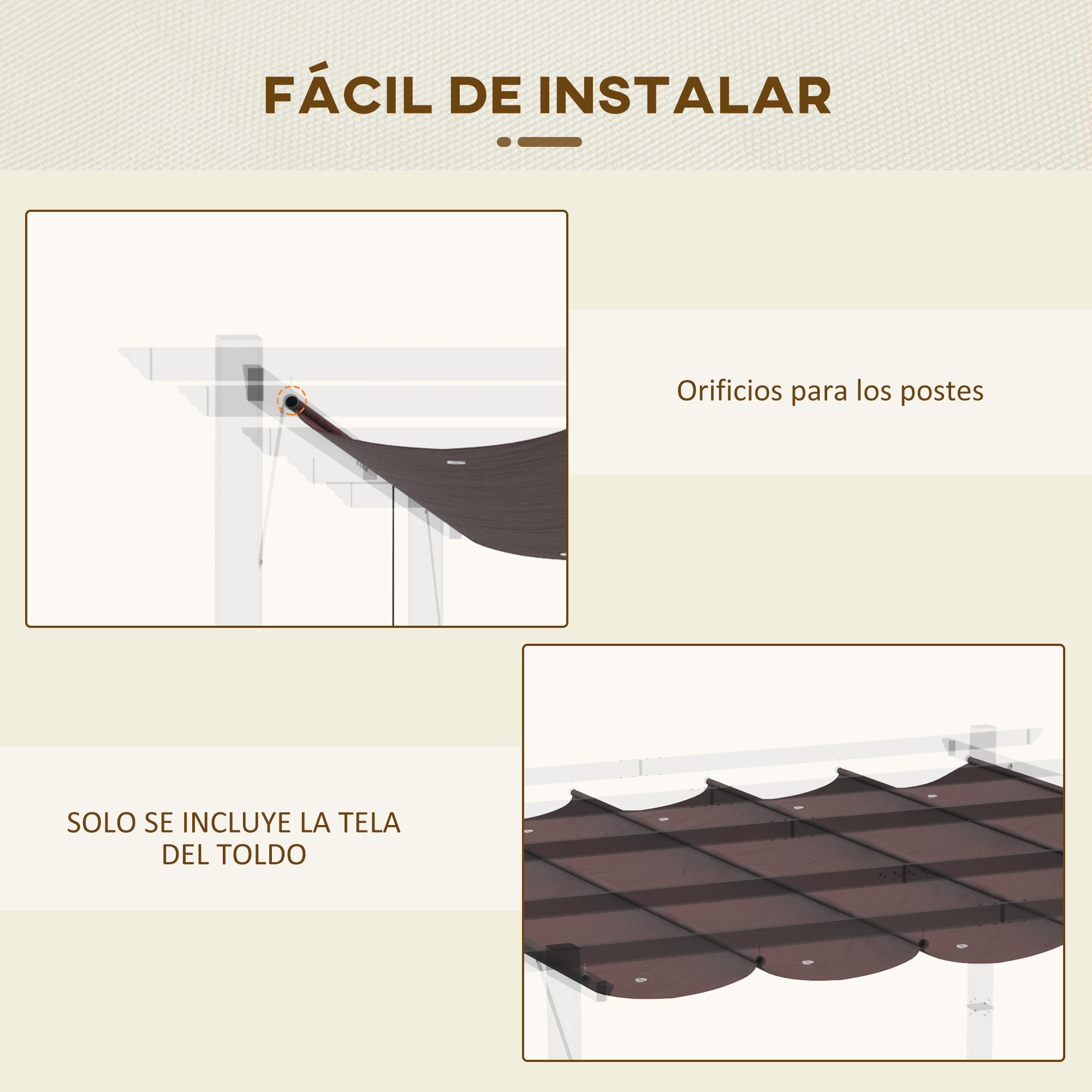 Cubierta para Pérgola Retráctil 2,5x2,55m Toldo con 10 Orificios de Drenaje Café