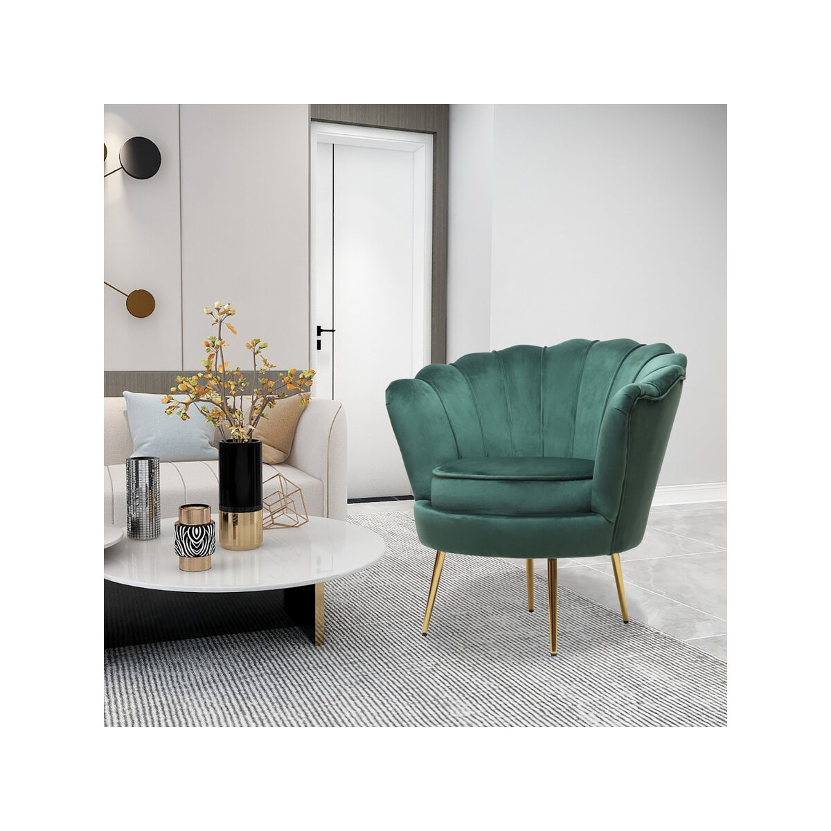 Fauteuil en velours "Floria" - 75 x 68 x 77.5cm - Vert