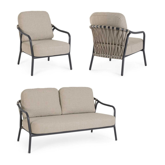 Set salotto da giardino PAMPLONA con cuscini beige, schienali in corda e struttura antracite, 3 pezzi