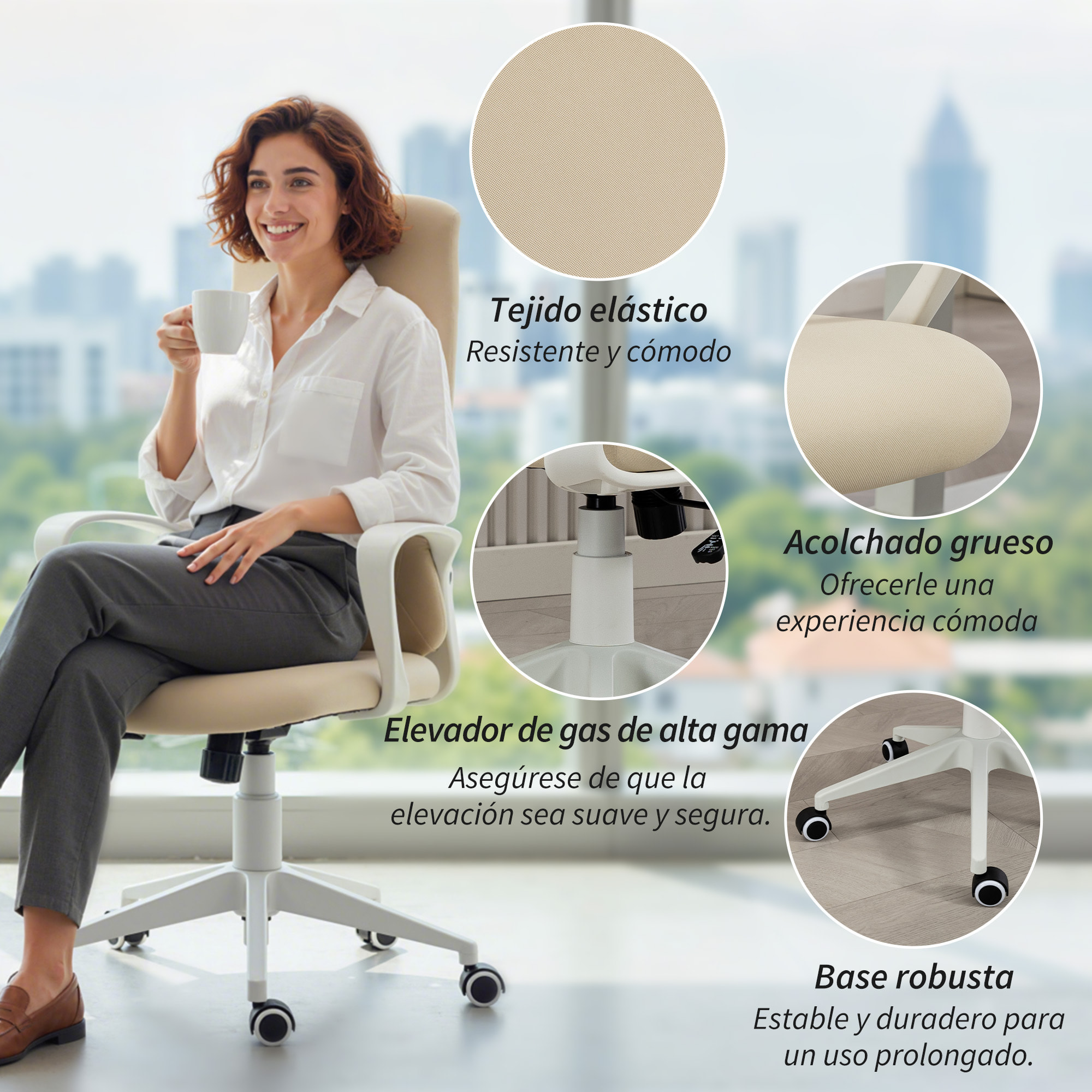 Silla de Oficina Giratoria Silla de Escritorio Juvenil con Altura Ajustable Función de Basculante Reposabrazos y Respaldo Alto 62x56x110-119,5 cm Beige