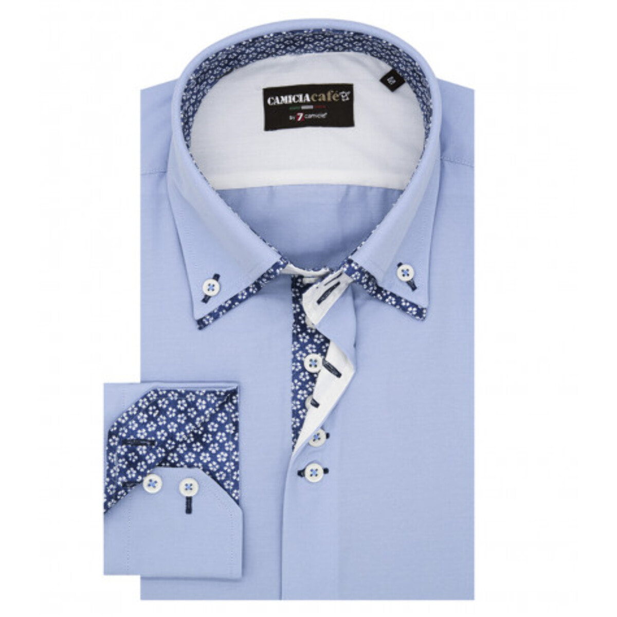 Camicia Uomo 2 Bottoni Button Down Doppio Collo 7 Bottoni Slim Cotone Poliestere Unito Celeste