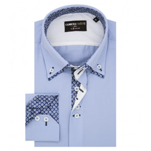 Camicia Uomo 2 Bottoni Button Down Doppio Collo 7 Bottoni Slim Cotone Poliestere Unito Celeste