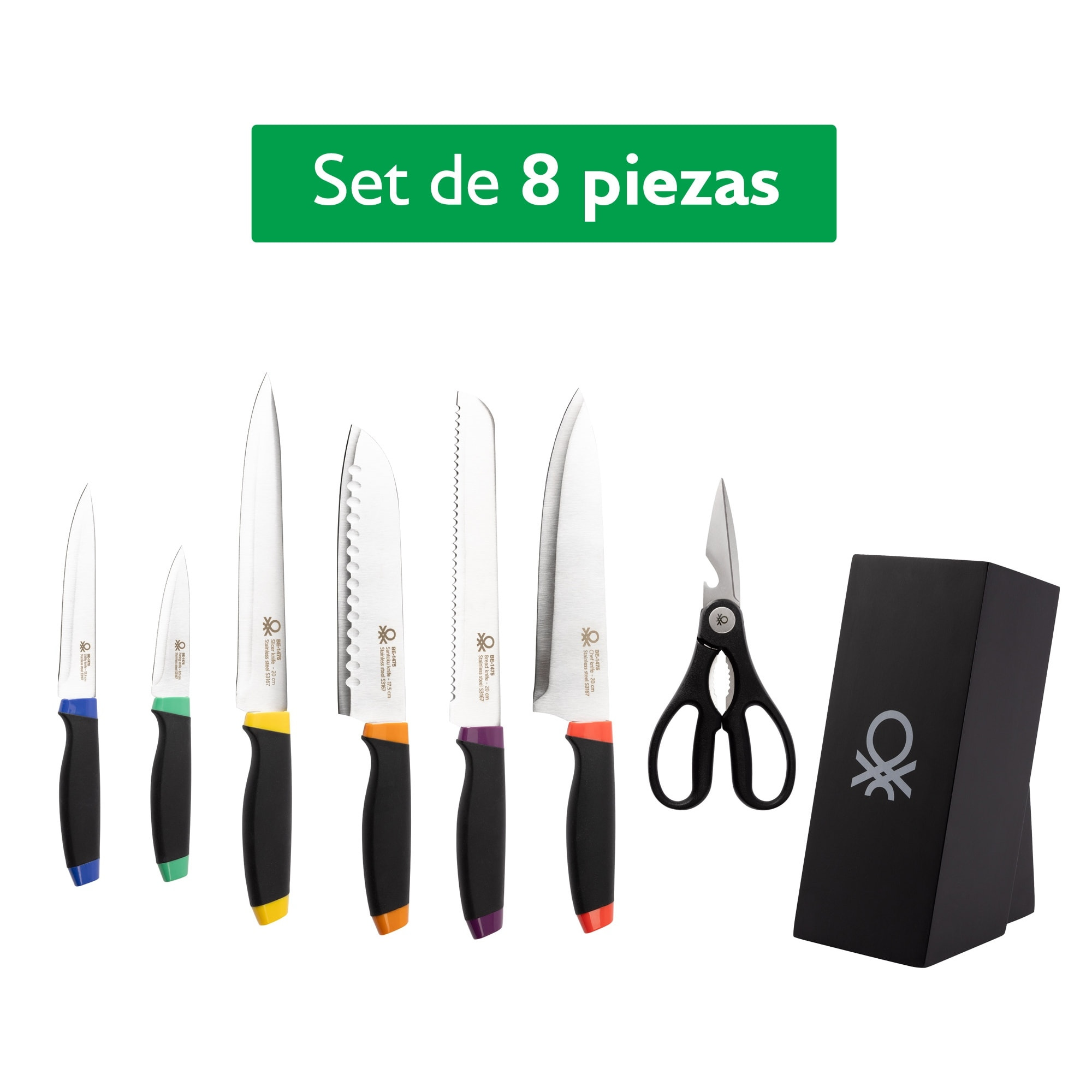Juego de 8pc cuchillos + tacoma en acero inox + tabla de cortar 33x23x1.5cm madera de acacia casa benetton