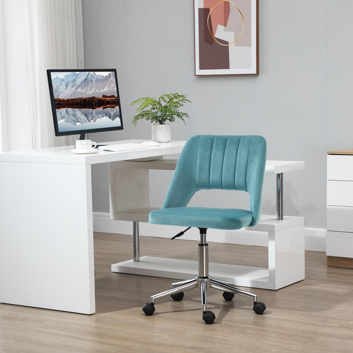 Chaise de bureau design contemporain dossier ergonomique ajouré strié hauteur réglable pivotante 360° piètement chromé velours bleu canard