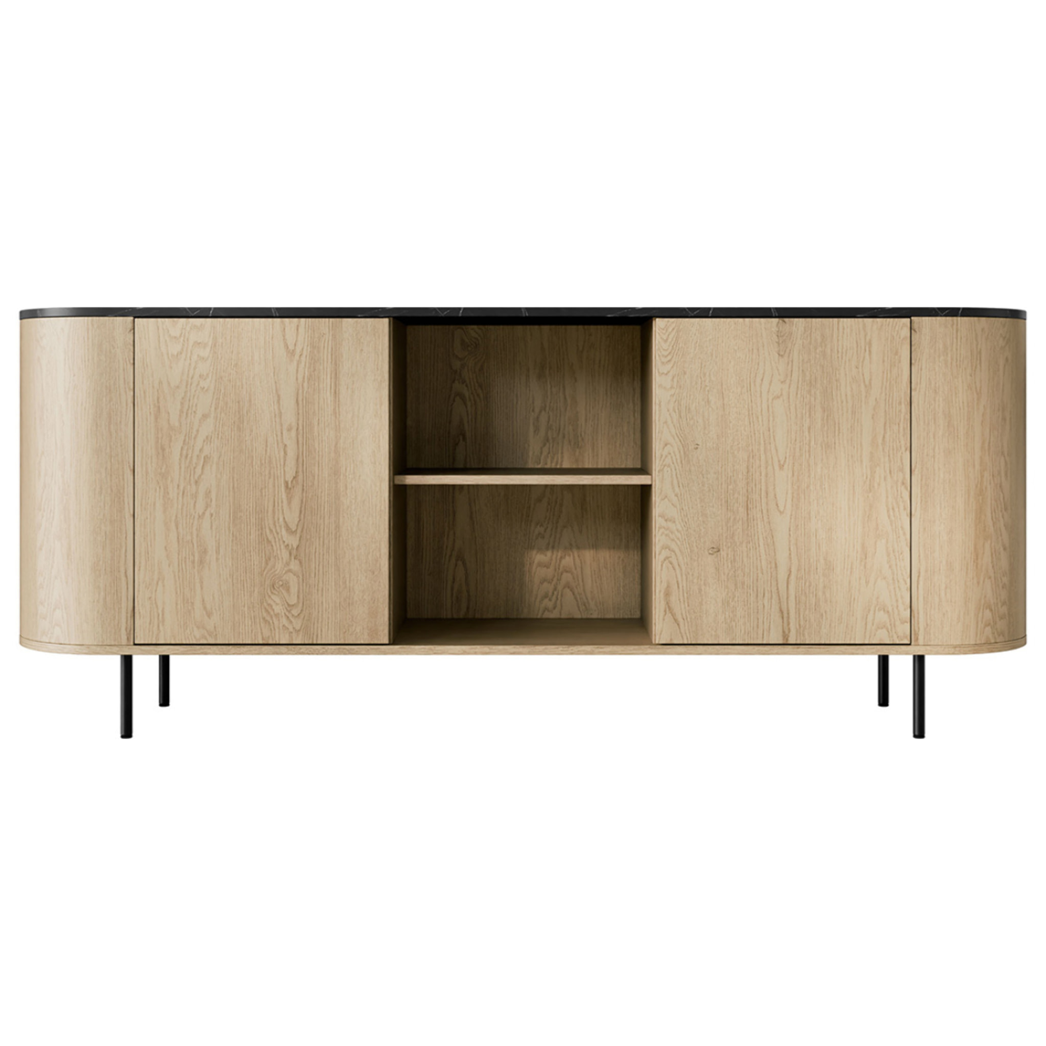 Sansa - buffet bas 184 cm - 2 portes, 2 niches et 2 étagères - plateau effet marbre - Bois / Noir
