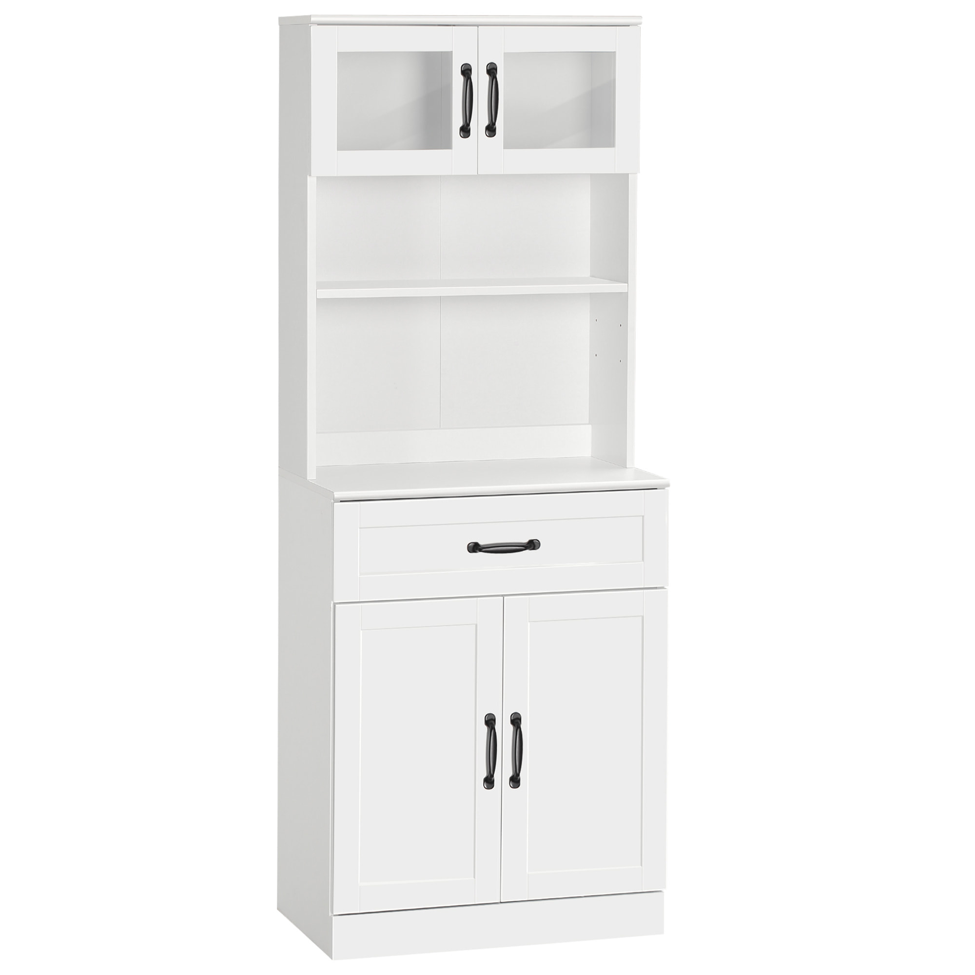 Buffet haut 4 portes étagère niche tiroir coulissant plan de travail poignées métal noir verre trempé MDF blanc