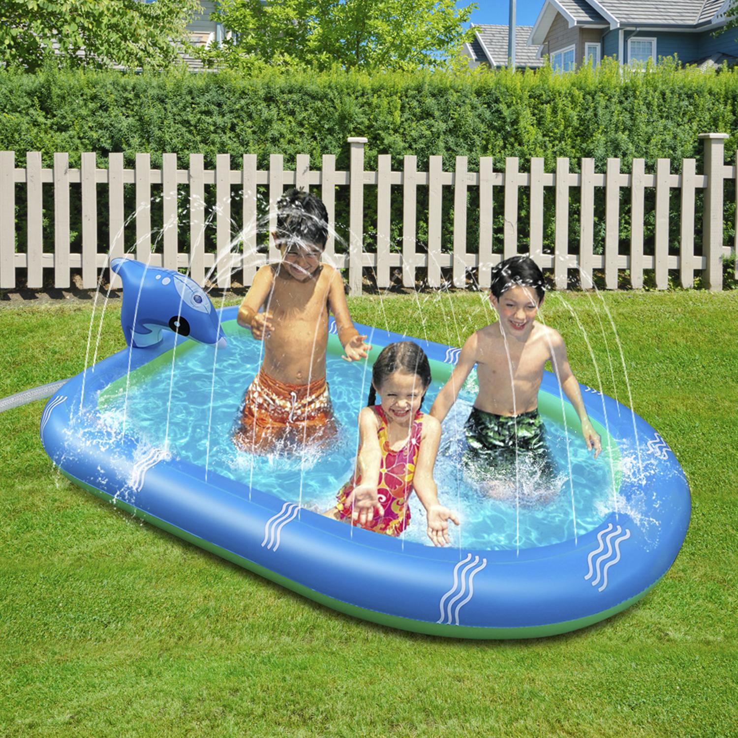 Piscina per bambini Splash Pad con delfino. Getti d'acqua laterali. 170x110 cm.