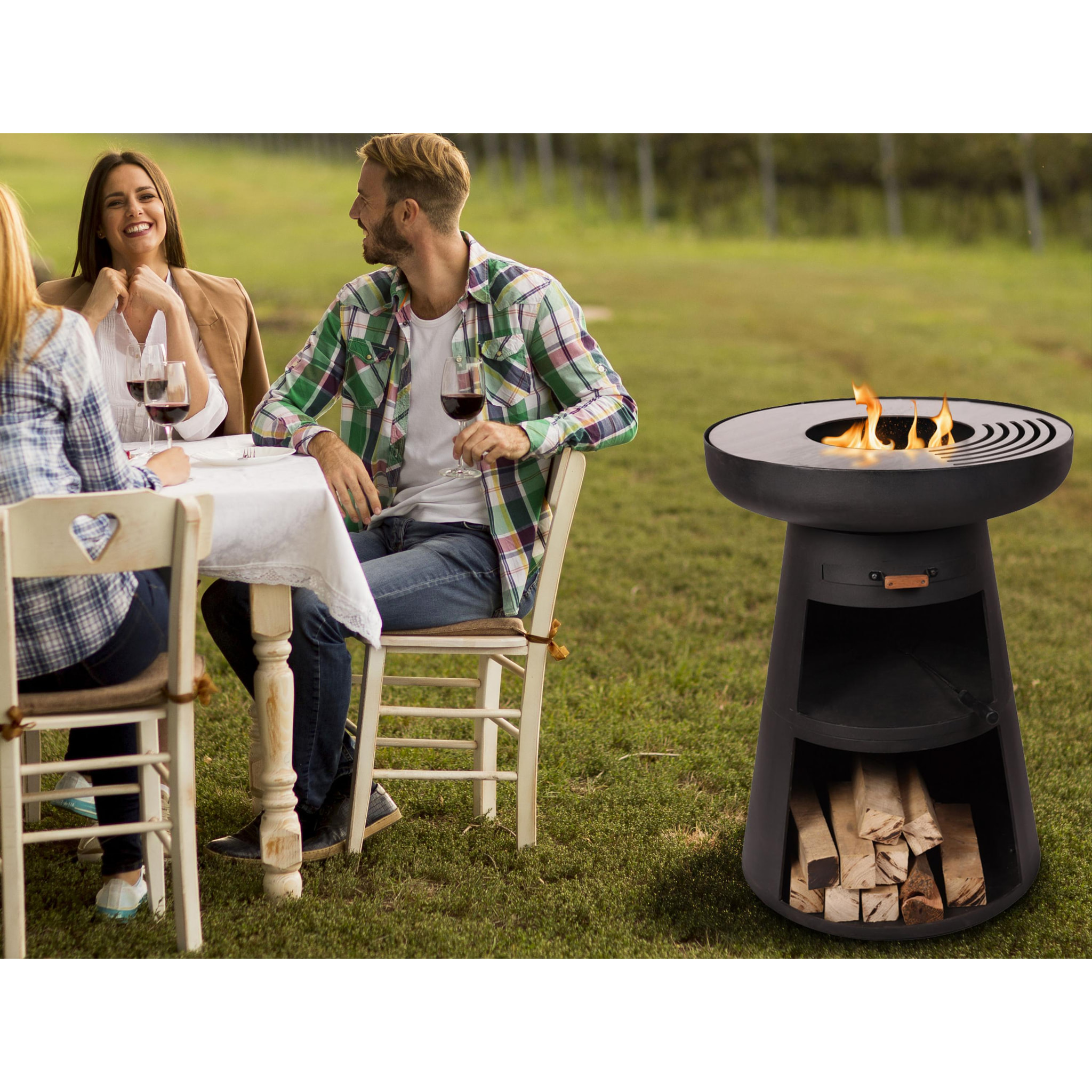 Barbecue rond avec plaque d'acier ronde et grille