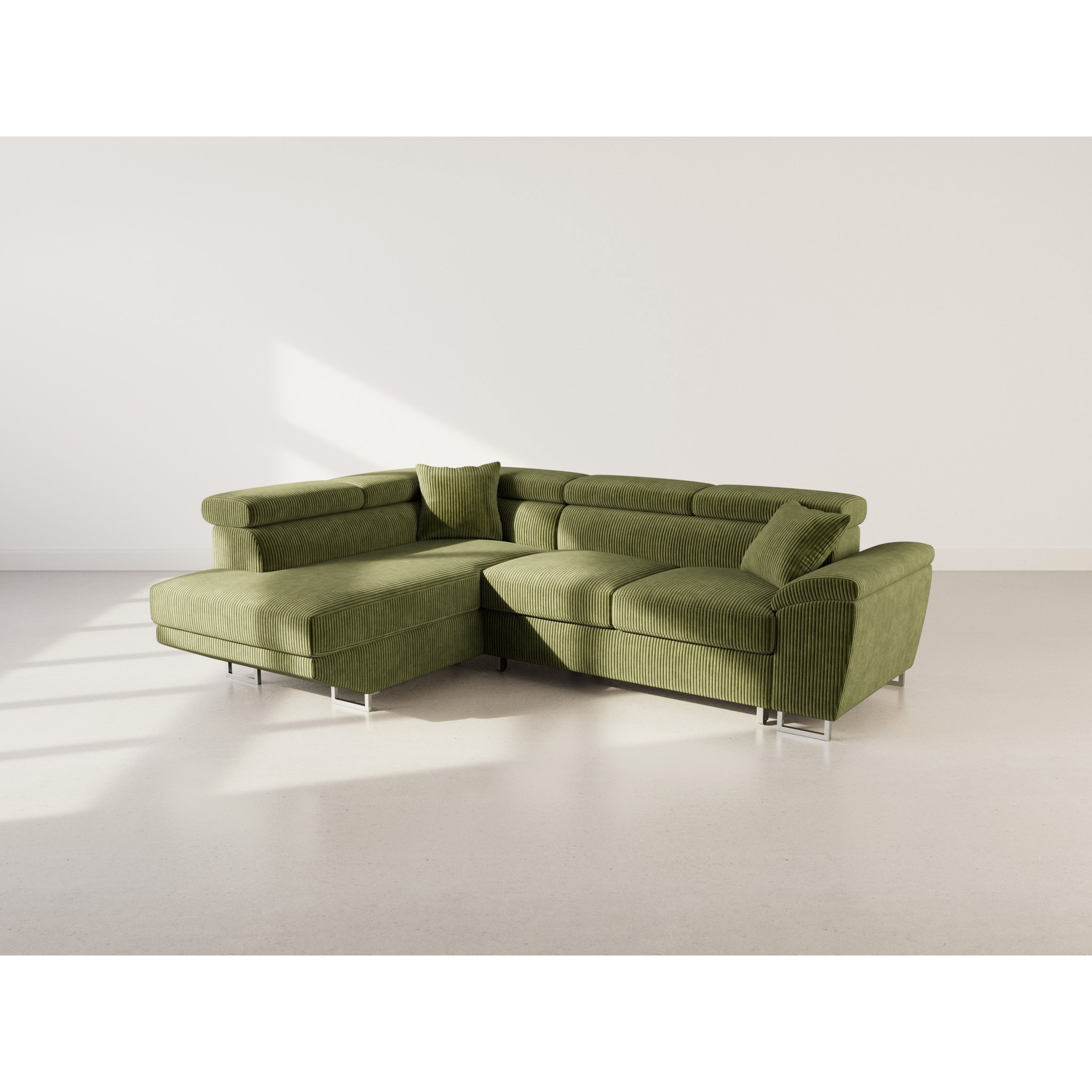 Baoji - Canapé d'angle gauche 5 places convertible avec têtières et coffre en velours côtelé - Vert
