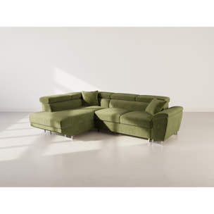 Baoji - Canapé d'angle gauche 5 places convertible avec têtières et coffre en velours côtelé - Vert