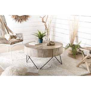 CLARA - Table basse ronde 90x90cm bois Teck naturel pieds épingles scandi métal noir