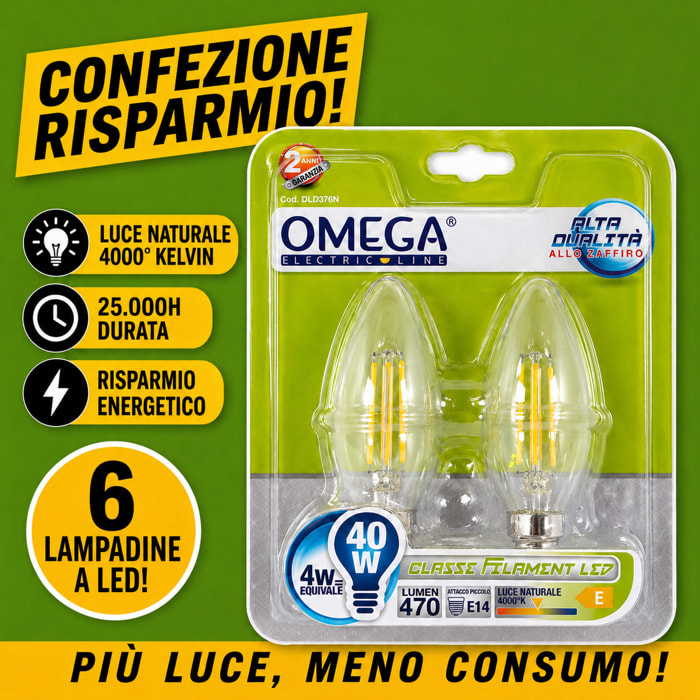OMEGA Set 6 Lampadine Filament LED Candela 4W E14 4000K