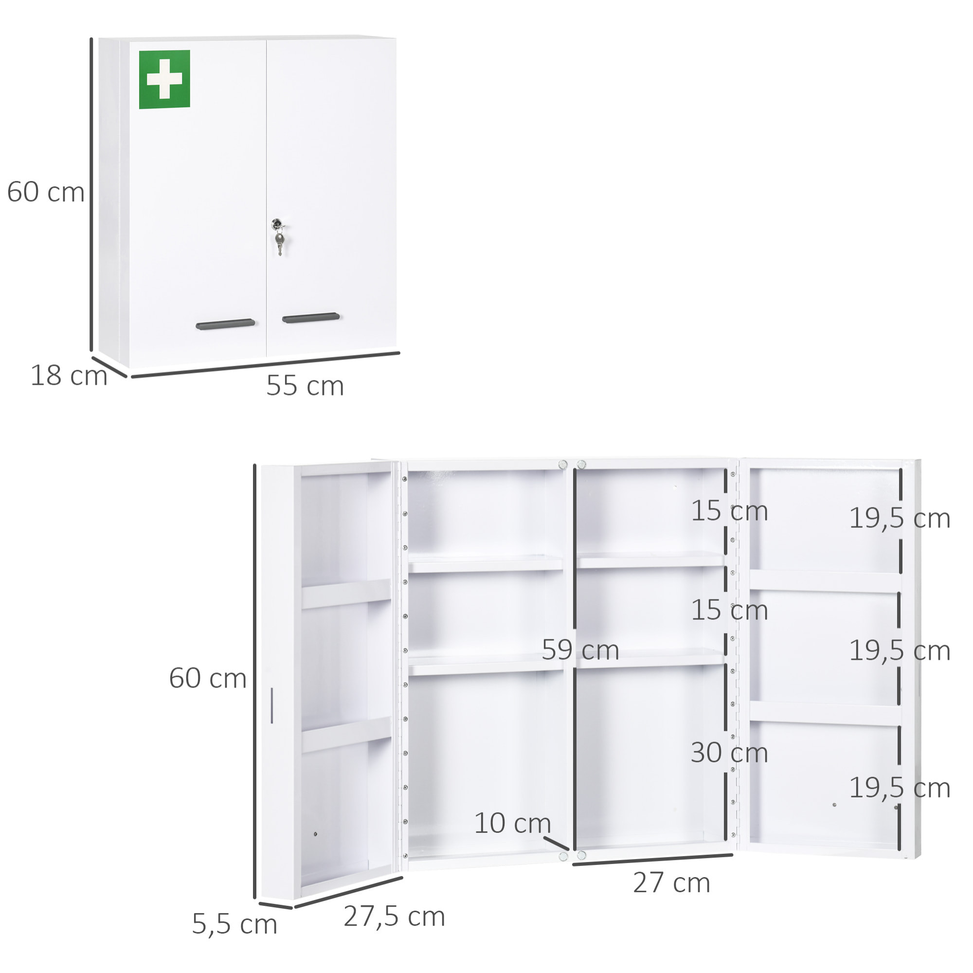 Botiquín de Pared de Acero de Primero Auxilios Botiquín para Medicinas de 3 Niveles Armario de Baño con Cerradura y 2 Llaves para Cocina 55x18x60 cm Blanco