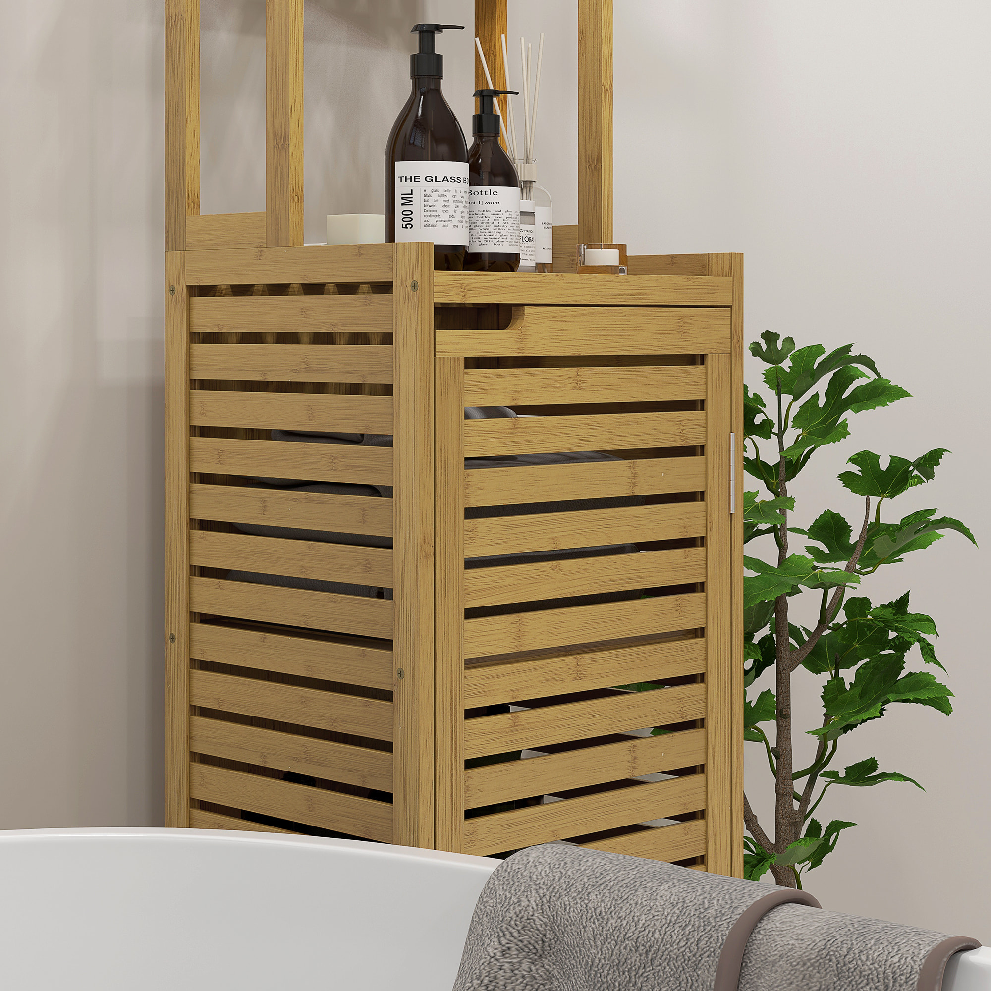 Meuble colonne salle de bain style naturel porte niche 4 étagères bambou