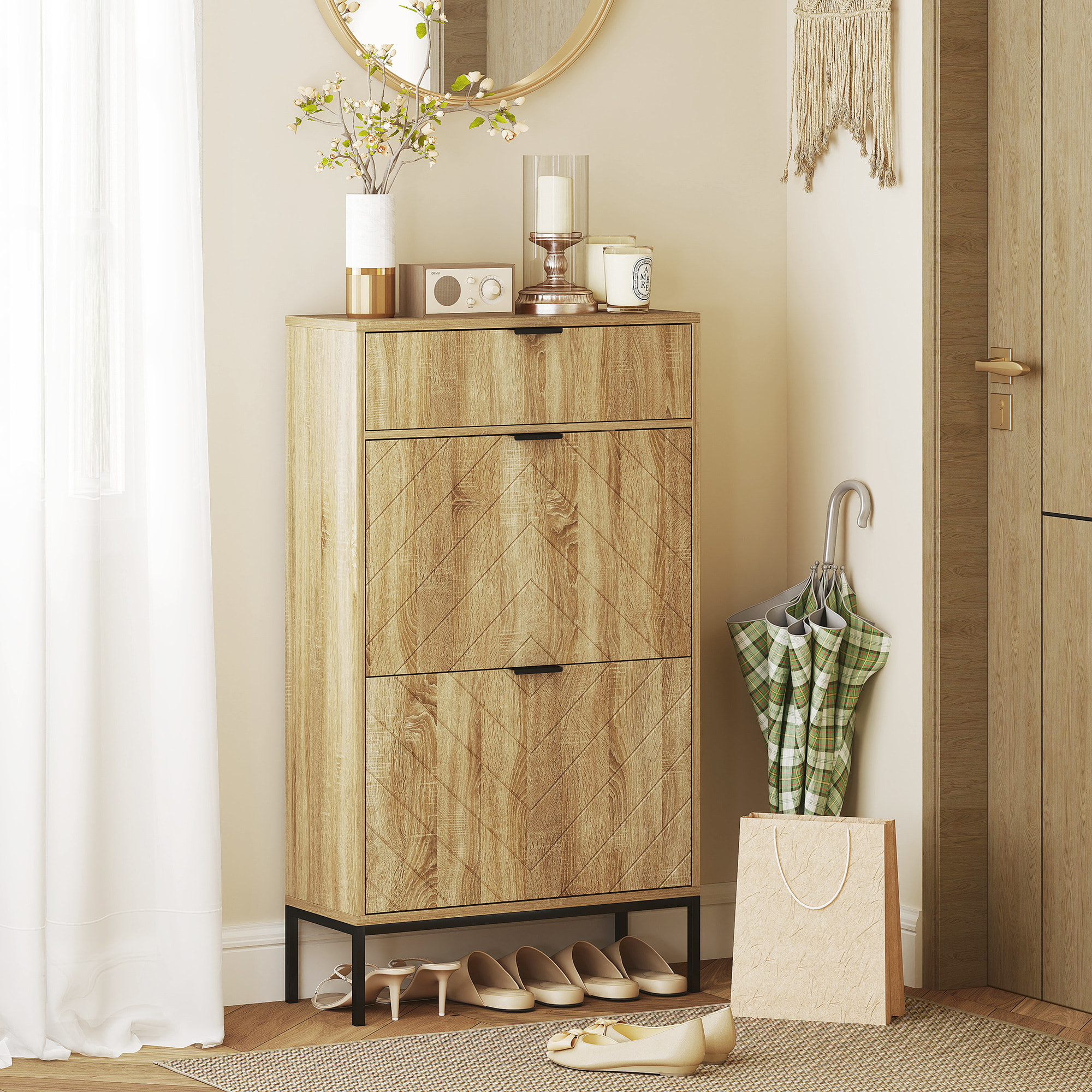 Zapatero Estrecho con 2 Puertas Zapatero Entrada Recibidor con Cajón y Estantes Ajustables para 8 Pares de Zapatos 60x24x105,5 cm Roble