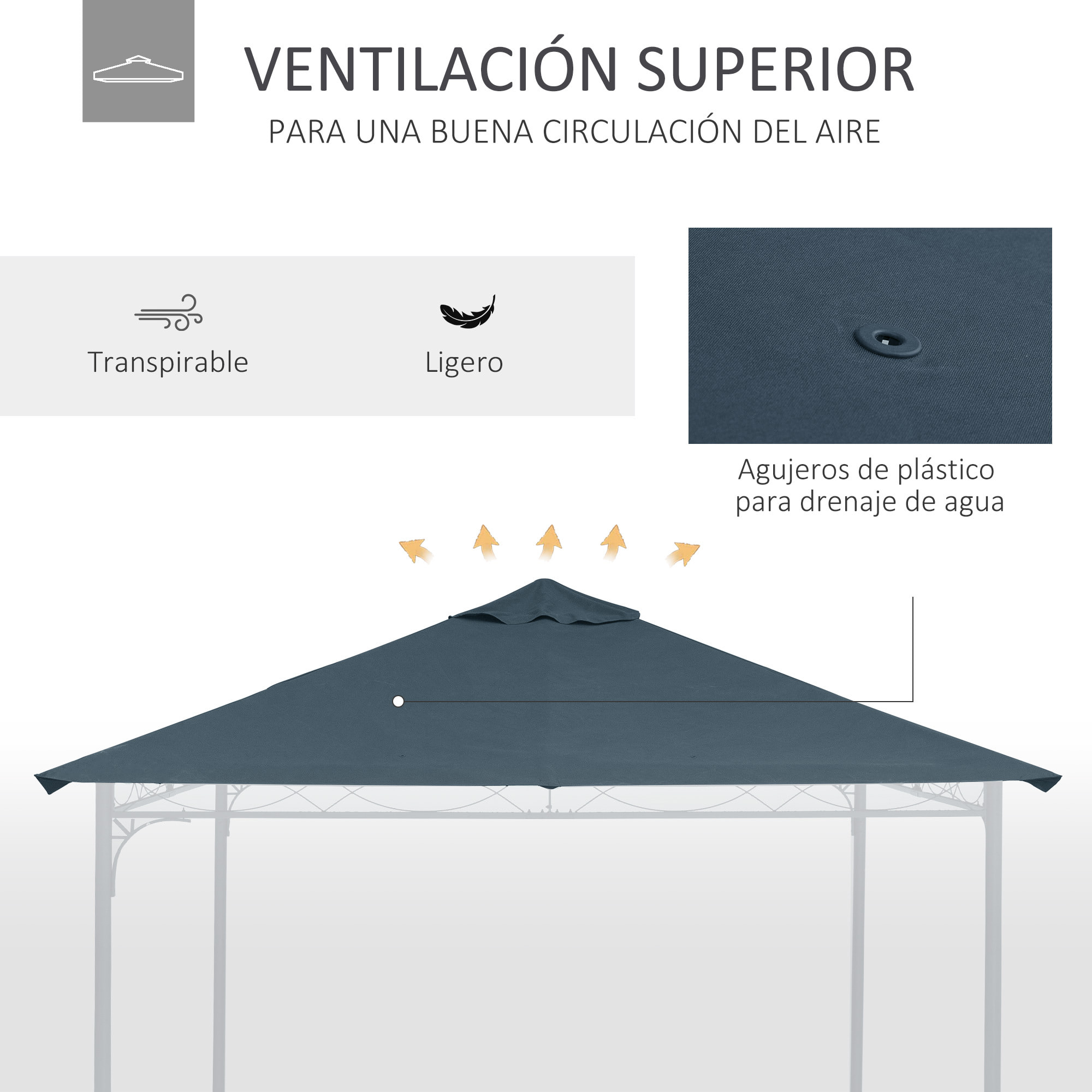 Techo de Repuesto 2,98x2,95 m para Cenador de Jardín Cubierta de Repuesto de Gazebo Pabellón Exterior con 8 Orificios de Drenaje y Ventilación Gris