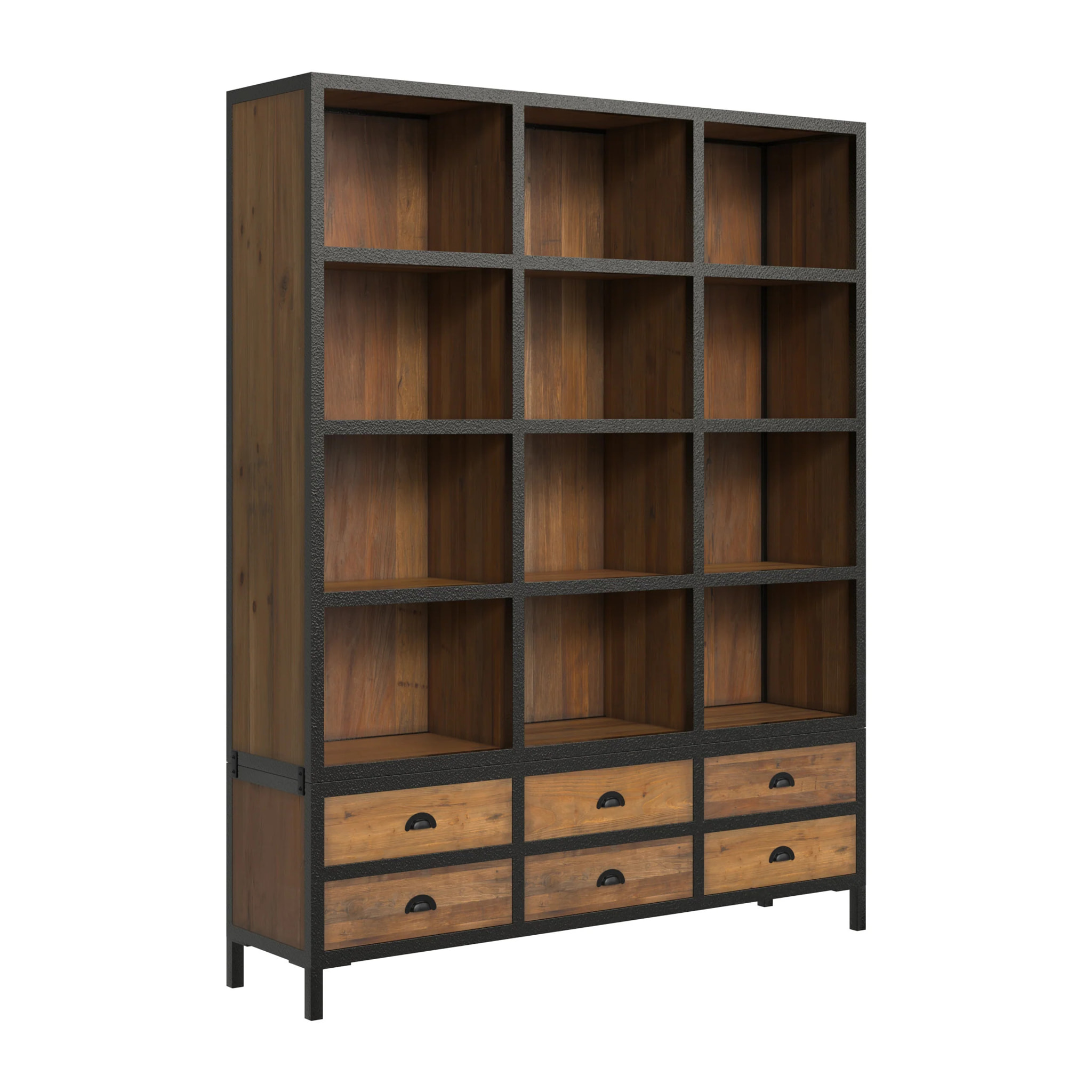 Bibliothèque 6 tiroirs 12 niches en métal et bois de cèdre - Shelby