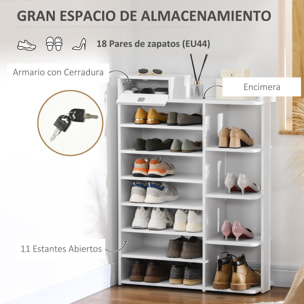 Estante Zapatero de Madera Estantería para Zapatos con 11 Estantes Abiertos para 18 Pares de Zapatos y Armario con Cerradura para Pasillo Entrada 80x27x112 cm Blanco