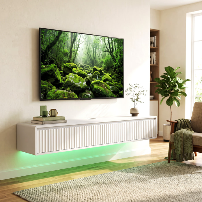 Meuble TV design suspendu flottant LED station charge intégrée blanc