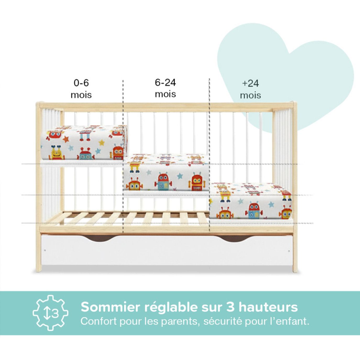 Lit Bébé Évolutif Mathis 60x120 cm, avec Tiroir de Rangement, Sommier Réglable 3 Hauteurs, Barreaux Amovibles, Couleur Bois Naturel et Blanc