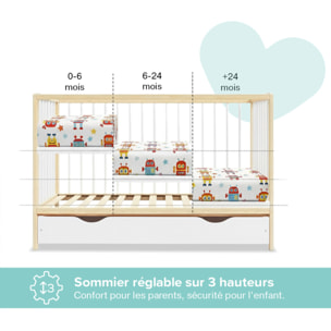 Lit Bébé Évolutif Mathis 60x120 cm, avec Tiroir de Rangement, Sommier Réglable 3 Hauteurs, Barreaux Amovibles, Couleur Bois Naturel et Blanc